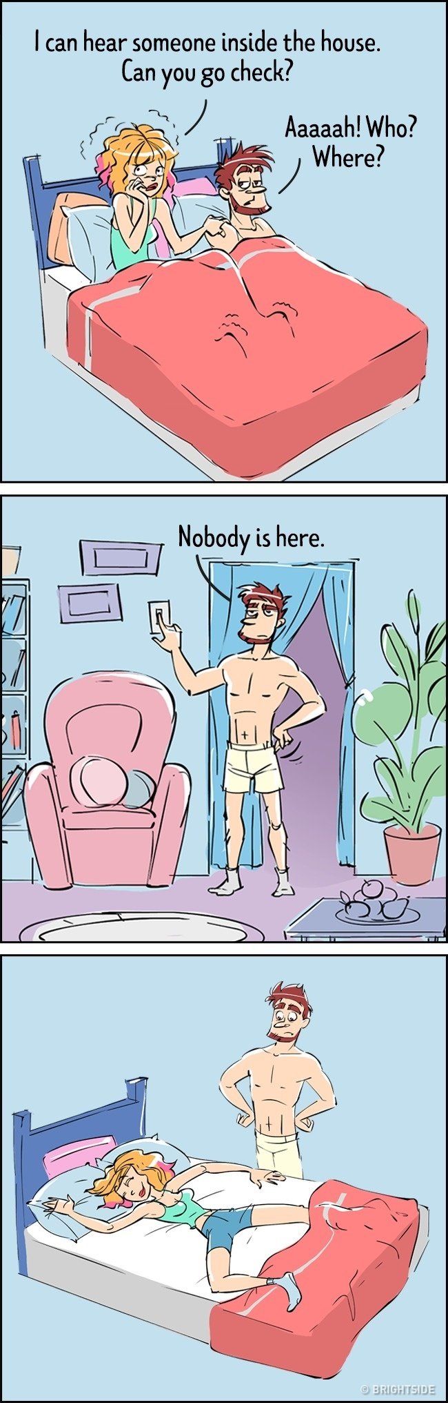 Humor Comic Strip - man leaves bedroom to come back to a sleeping wife