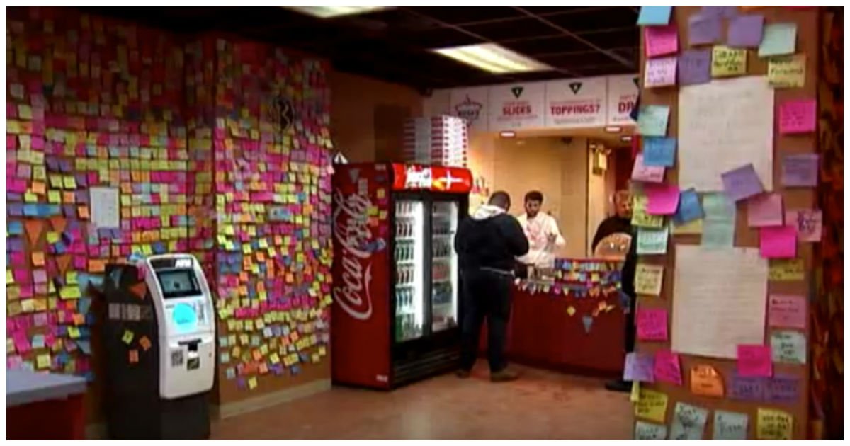free pizza post it cover.jpg?fit=1024%2C538&ssl=1&strip=all - When Homeless Man Walks In To Ask For Food, Cashier Points At The Wall For This Stunning Reason