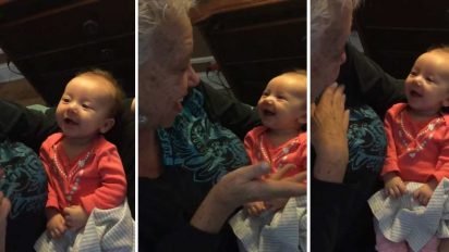 grandma teaches deaf baby 412x232.jpg?resize=412,232 - Adorable Moment Grandma Taught Newborn Baby How To Sign
