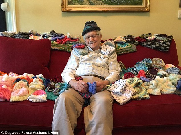 Finding his calling: Ed Moseley, 86, a retired engineer and resident of the Dogwood Forest Assisted Living community in Acworth, Georgia, has knitted over 50 caps for preemie babies