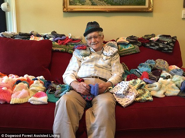 Finding his calling: Ed Moseley, 86, a retired engineer and resident of the Dogwood Forest Assisted Living community in Acworth, Georgia, has knitted over 50 caps for preemie babies