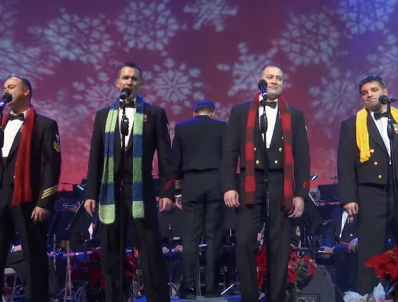 Navy Band Performs White Christmas, Man In Yellow Scarf Surprises The