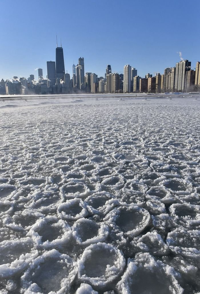Pancake Ice Has Formed In A Secluded Bay Near North Avenue Beach