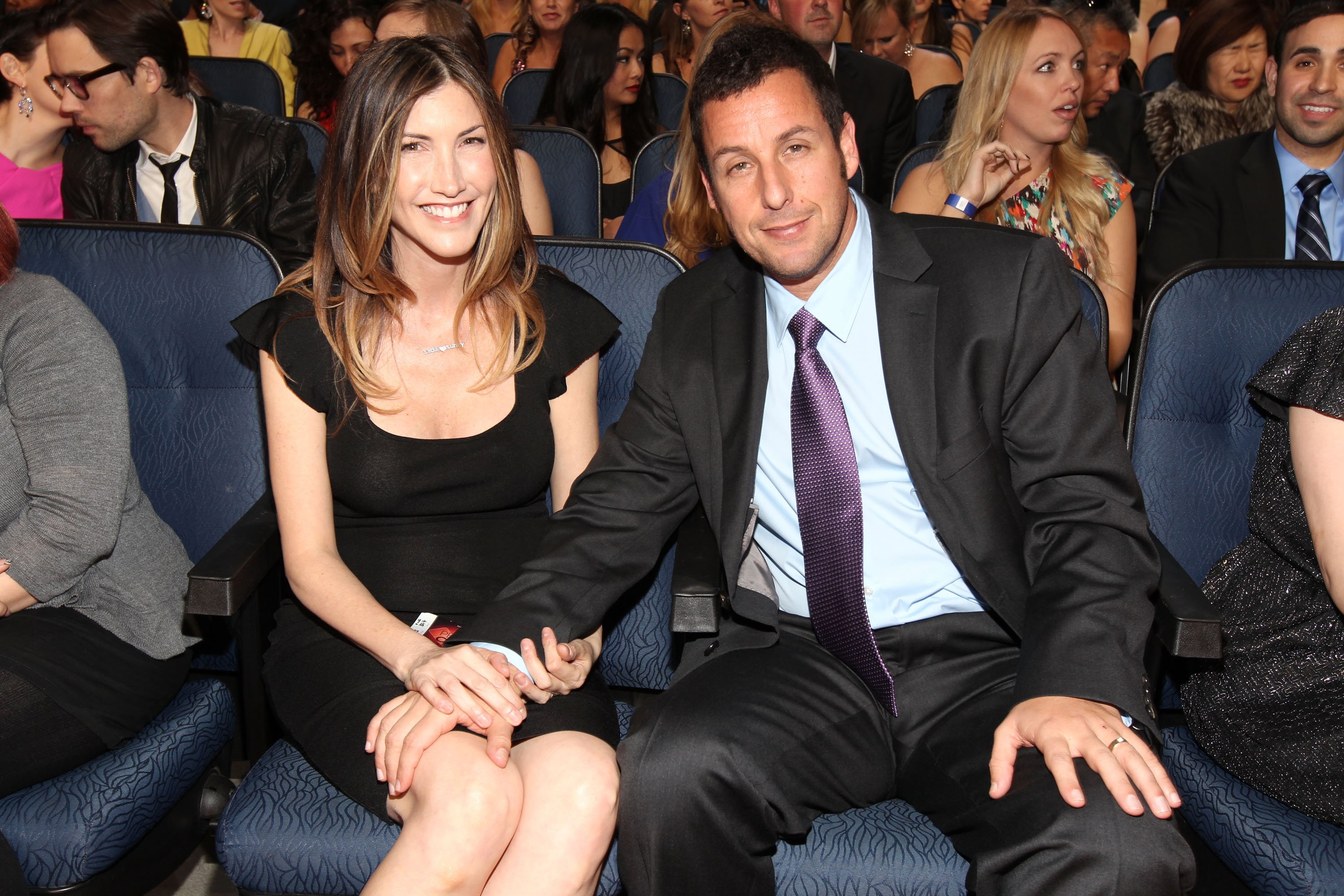 LOS ANGELES, CA - JANUARY 11: Actors Adam Sandler and Jackie Sandler pose in the audience during the the 2012 People's Choice Awards at Nokia Theatre L.A. Live on January 11, 2012 in Los Angeles, California. (Photo by Christopher Polk/Getty Images for PCA)