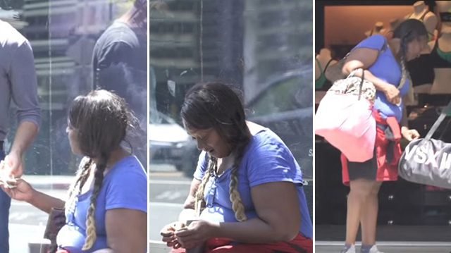 Man gives homeless woman a wad of cash. Then she buys something nobody expected!