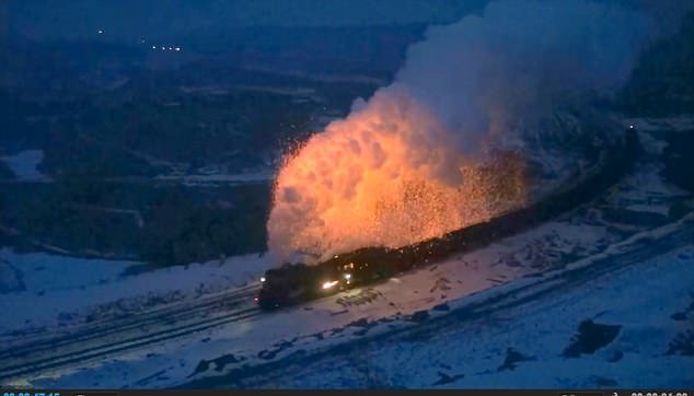 Incredible footage shows sparks flying from a steam train creating a spectacular display as the locomotive powers through the night