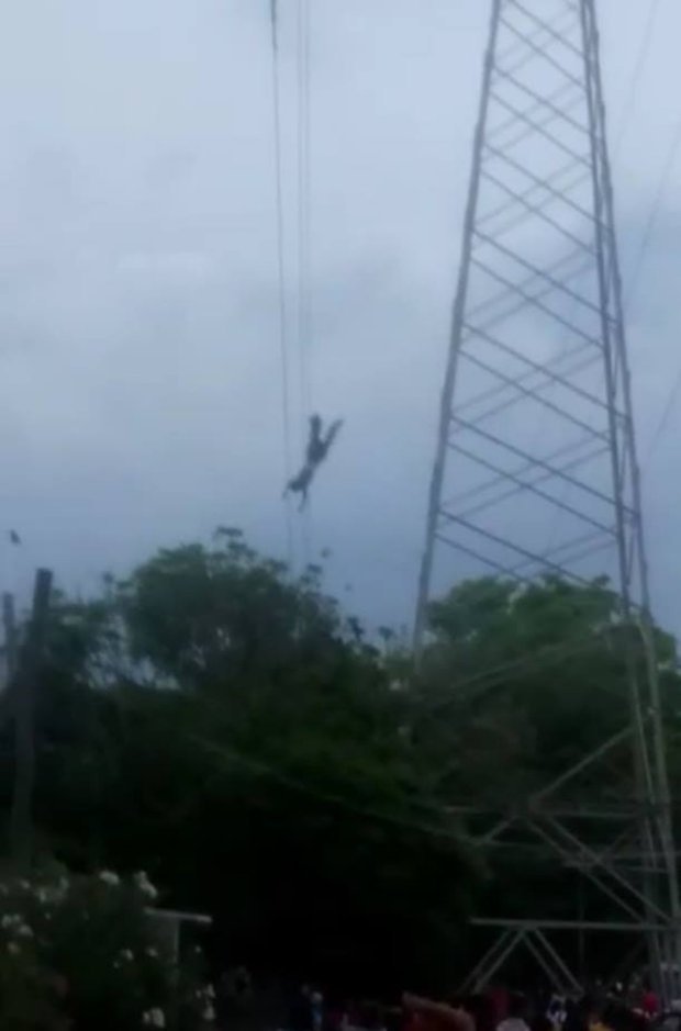 Pic shows: Victor Jose Arroyo Gonzalez falling down. This is the tragic moment a deaf-mute young man fell more than 160 feet to his death from an electricity pylon when he touched live wires after giving up on his suicide bid. Victor Jose Arroyo Gonzalez, 20, had scaled the huge pylon in the city of Barranquilla in northern Colombia???s Atlantico department and threatened to throw himself off. But police officers and onlookers reportedly talked him out of killing himself and he had just started climbing back down when tragedy struck, according to reports. There was a huge flash and a cloud of smoke as the young man touched a live wire and he fell from near the top of the pylon. His limp body flipped around another cable lower down before somersaulting all of the way to the ground below as a crowd of onlookers screamed in horror. The disturbing scenes were captured on the smartphones of eyewitnesses in the Los Olivos area of the city. Mr Gonzalez had earlier been heard shouting: "I am going to throw myself off, I do not want to continue living anymore, I cannot cope anymore." He was declared dead at the scene. The deaf mute man was reportedly suffering from depression and had previously climbed tall structures to threaten suicide. Barranquilla, a port on the Caribbean Sea, is the only major city in South America that was populated before its formal foundation by Europeans. (ends)