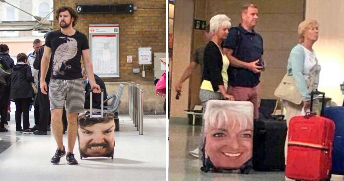 bags.jpg?resize=1200,630 - Vous en avez marre qu'on prenne vos bagages sur le carrousel de l'aéroport, ces voyageurs couvrent leur valise d'une gigantesque image de leur visage