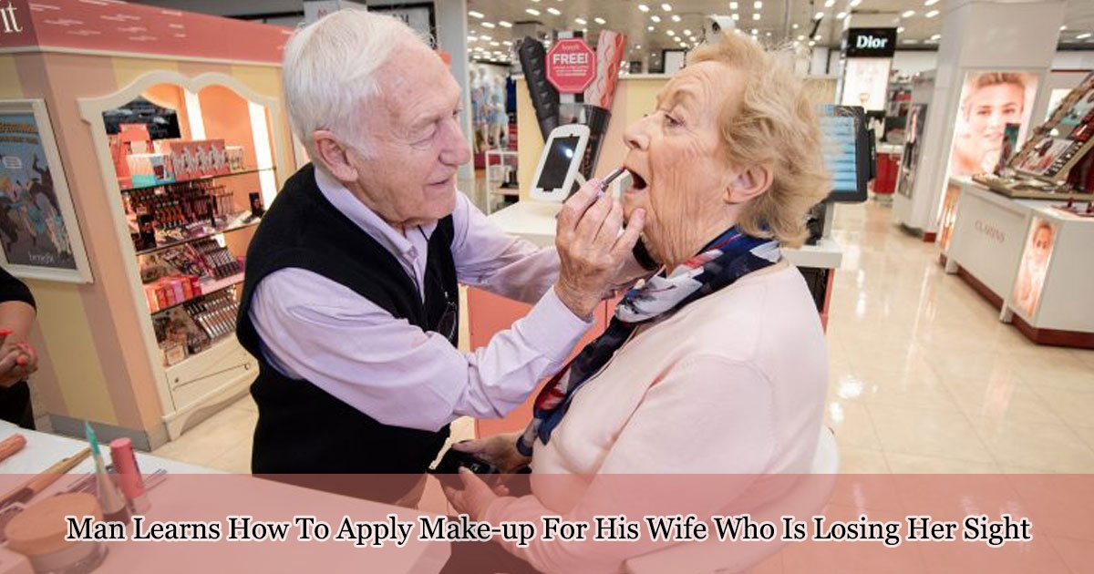 man learns how to apply make up for his wife who is losing her sight 1.jpg?resize=1200,630 - 84-Year-Old Man Took Make-up Lessons To Assist His Wife Who Is Losing Her Sight