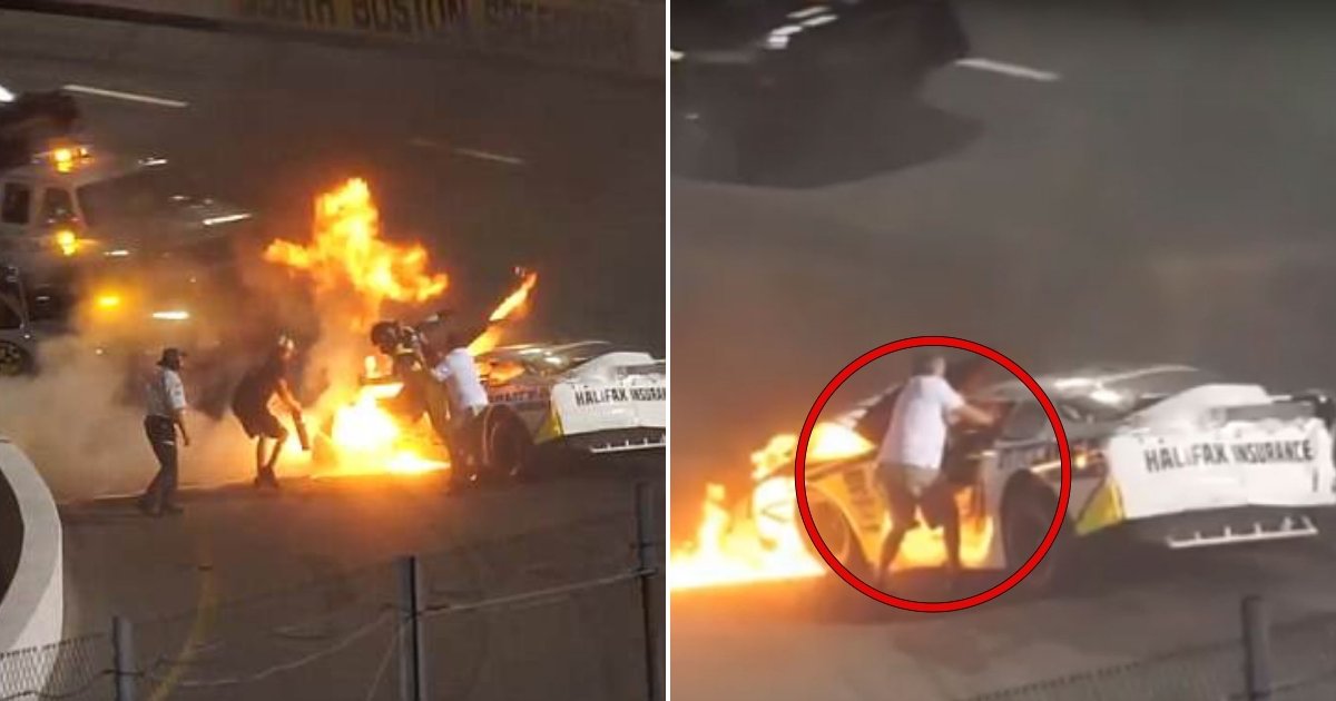 racing.jpg?resize=1200,630 - Un père sauve son fils d'une voiture de course en flammes après s'être précipité sur la piste après un accident