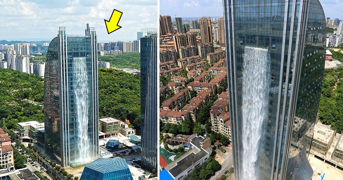 agag 1.jpg?resize=412,275 - Un gratte-ciel en Chine est installé avec une cascade artificielle de 108 mètres de haut faisant partie d'une attraction touristique