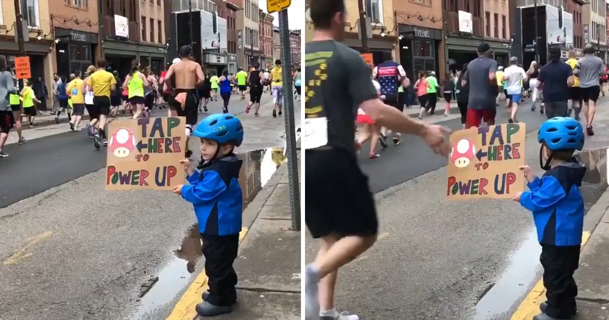 capa0000.png?resize=412,275 - "Bata aqui para se energizar" - Vídeo adorável mostra garotinho com um cartaz durante maratona