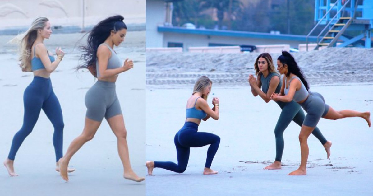 kim curves.jpg?resize=1200,630 - Kim Kardashian Displays Her Enviable Curves In Crop Top And Briefs For Yoga Session On Los Angeles Beach