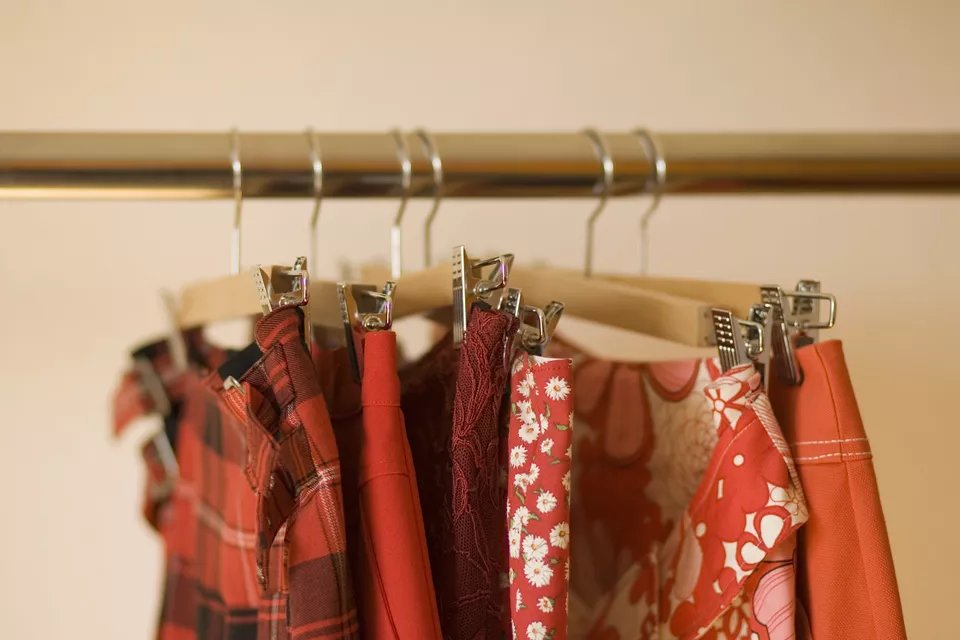 Skirts hanging on clothes rack