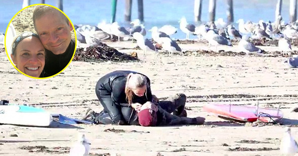 bgaaa.jpg?resize=1200,630 - Un surfeur s'effondre sur la plage et est secouru par sa petite amie qui l'embrasse pour la première fois en lui faisant du bouche-à-bouche