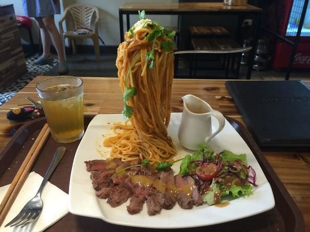 Spaghetti Held Up On A Platform To Make It Cold And Hard To Eat