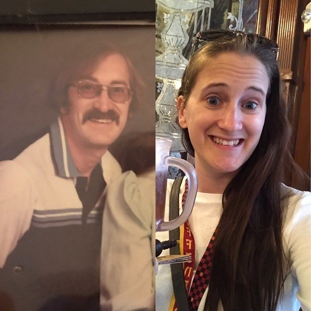 &quot;My dad passed away when I was 14, so I’ve never stood side by side with him as adult. This is him, at about age 34, and me at 32. My mom always said that I got the “best of both”... but with the exception of the rocking 80s stash (which he proudly rocked until chemo did its thing), I absolutely look like him.&quot; —kristinap48d99e23b