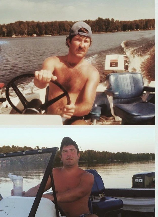 &quot;My Dad and brother! Crazy thing is these pictures weren&#x27;t even planned. I took the bottom one of my brother and when I was searching for birthday pictures of my dad, I found the top one. (same boat, too!)&quot; —halesyeeah