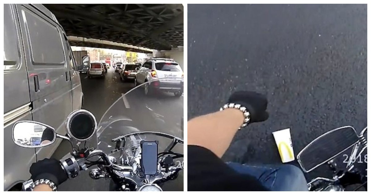 biker 1.jpg?resize=1200,630 - Un motard russe ramène ses détritus à un van après que les passagers les aient jeté sur la route