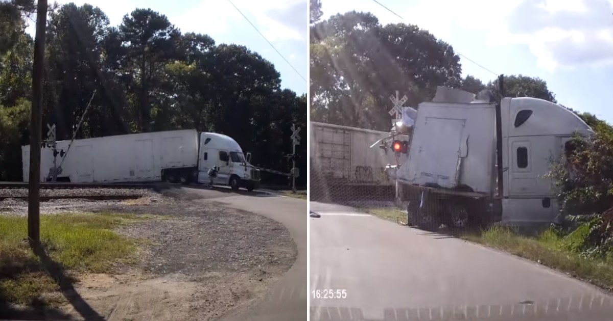 featured image 41.jpg?resize=1200,630 - Scary Moment Driver Escapes Lorry Just Seconds Before It's Cut In HALF By Freight Train