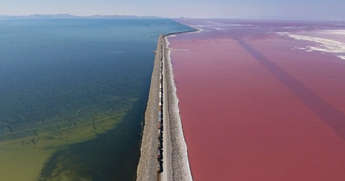 ggg 2.jpg?resize=1200,630 - Des drones filment le Grand Lac Salé où l'eau est séparée en deux, une partie bleu-vert et une partie... rouge !