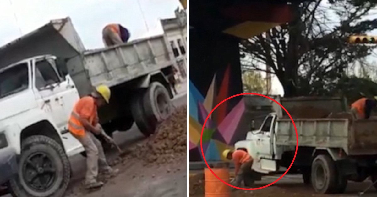 hfhfhf.jpg?resize=1200,630 - Des images déroutantes en provenance d’Argentine montrent un ouvrier mettre de la terre dans un camion tandis que son collègue le vide à nouveau.