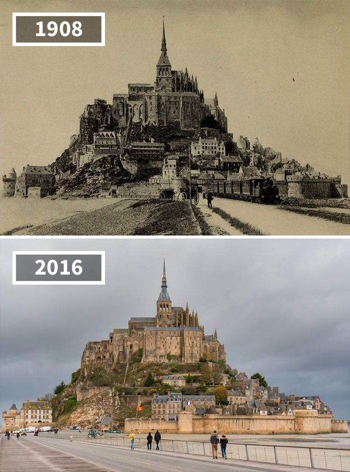 Voiture à cheval et locomotive à vapeur, Mont Saint-Michel, France, 1908 - 2016