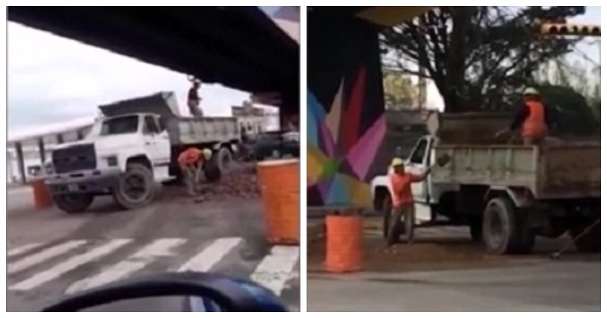 truck 1.jpg?resize=1200,630 - Un automobiliste argentin à filmer une scène amusante de deux travailleurs en train de pelleter de la terre dans et hors du même camion