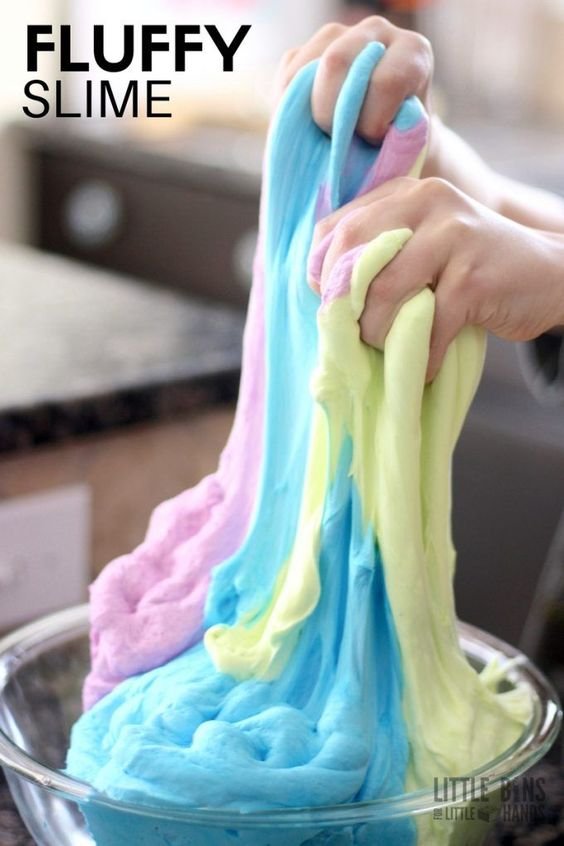How to make saline solution fluffy slime for kids science and sensory play.