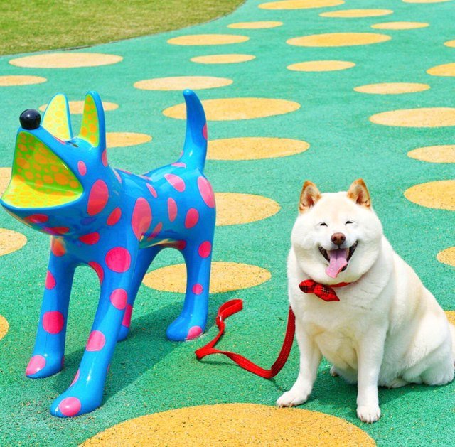 A happy dog with a happy dog statue