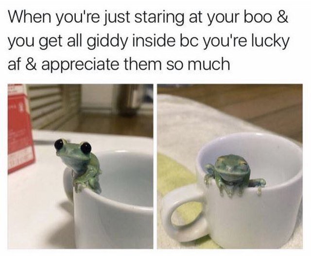 Tiny frog sitting on edge of a mug. Caption: When you