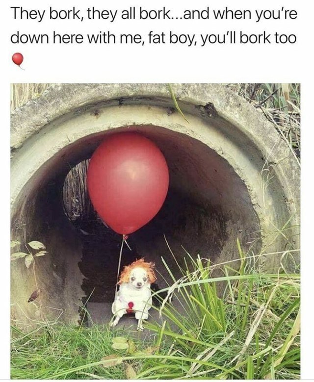 Chihuahua dressed up like Pennywise the Dancing Clown from It