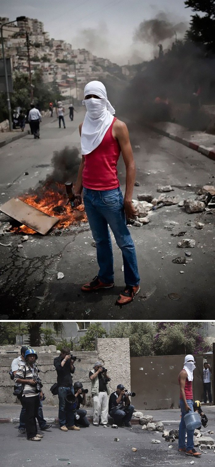 Le photographe Ruben Salvadori a couvert le conflit entre soldats israéliens et jeunes palestiniens. La photo ci-dessus a été mise en scène en coopération avec un jeune Palestinien