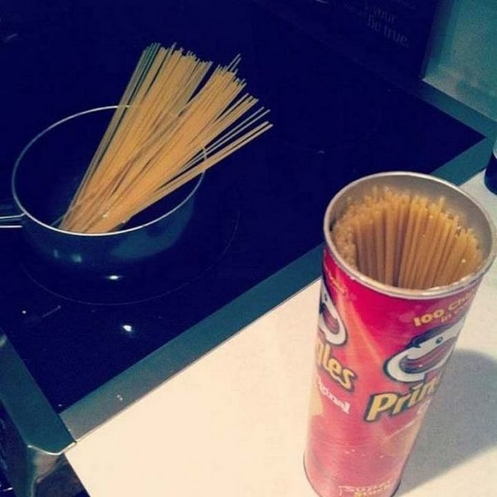 17 Kitchen Hacks - Save your Pringles containers and use them to store pasta or a variety of things around the house.