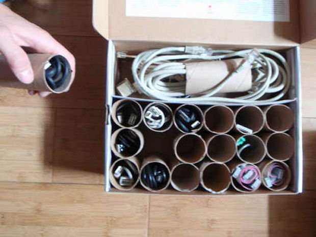 18 Upcycling Ideas - Recycle paper tubes and use them to organize your wires and cables.