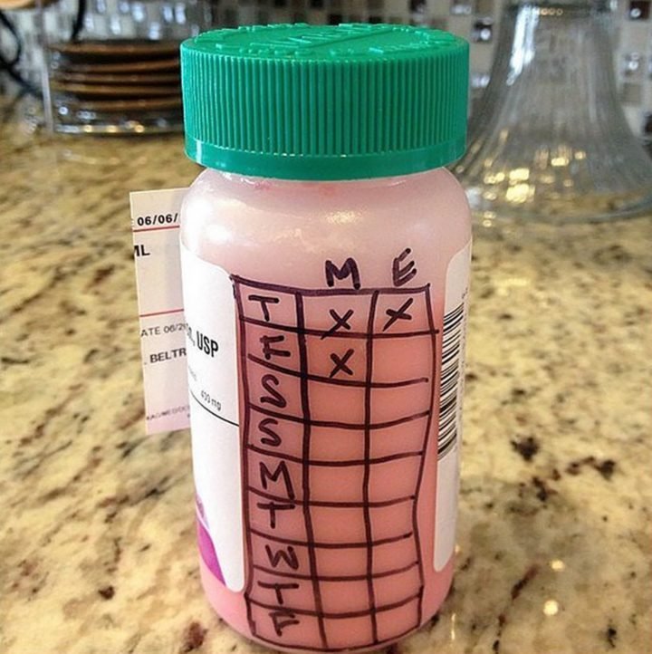21 Best Mom Hacks - Draw a chart on a medicine bottle with a sharpie to keep track of dosages given.