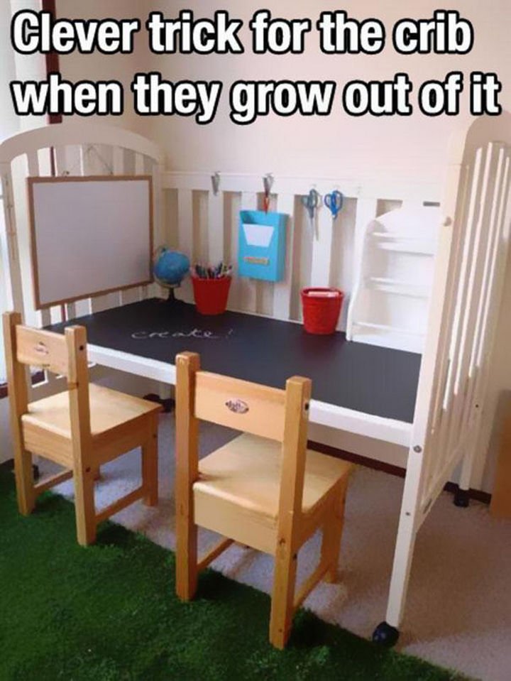 24 Life Hacks for Kids - Repurpose their old crib and create a drawing station they
