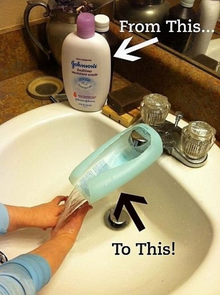 24 Life Hacks for Kids - Use an old lotion bottle to make a fun DIY waterfall faucet if your children don