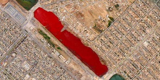 25 Weird Things Found on Google Maps - A creepy lake full of red water.