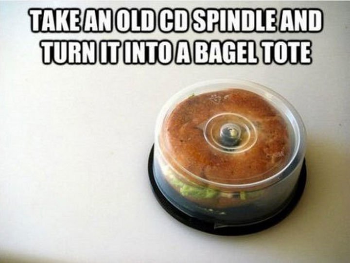 51 Crazy Life Hacks - Take an old CD spindle and turn it into a bagel tote.