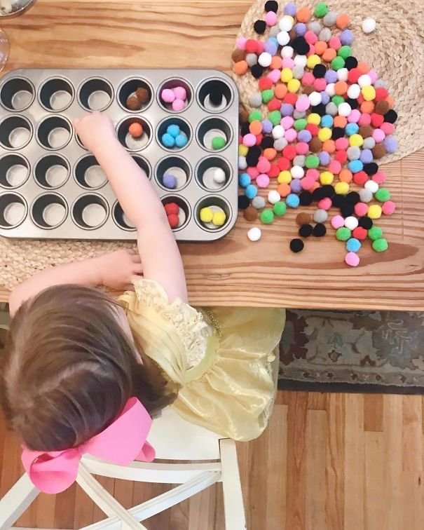 Ask Your Child To Sort Little Things Like Felt Balls Or Colourful Pasta Into A Muffin Pan