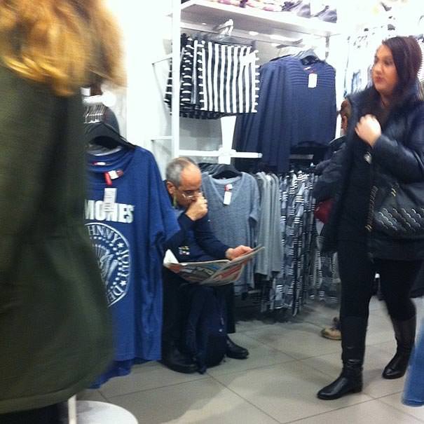 Miserable men shopping 