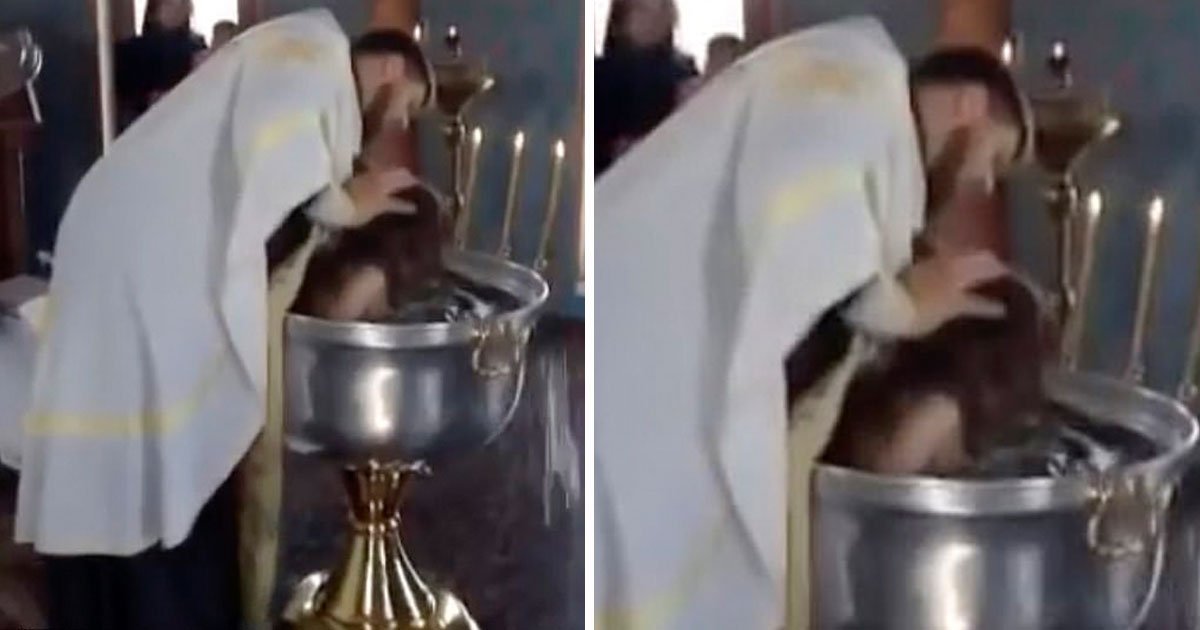 priest pushes child head.jpg?resize=412,232 - Video Of A Russian Priest Harshly Pushing A Child’s Head In The Font During Baptism Sparks Outrage
