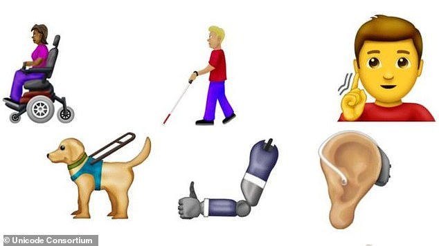Un certain nombre de handicaps physiques sont maintenant représentés, notamment une gamme de fauteuils roulants, une personne aveugle, le langage des signes, des prothèses auditives, ainsi que deux chiens d'aveugle qui voient avec des cannes blanches.