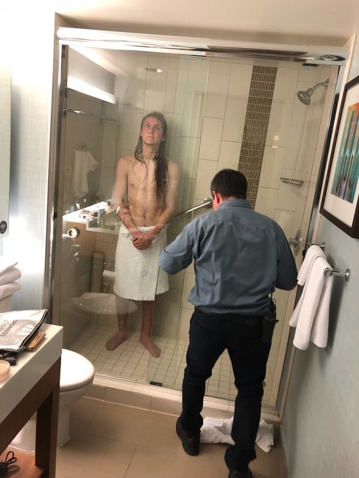 My Buddy Traveled Across The Country To Visit Me Last Weekend. Unfortunately, He Got Stuck In His Hotel Shower For 3 Hours. Shout-Out To Julio For Helping Out A Man In Need