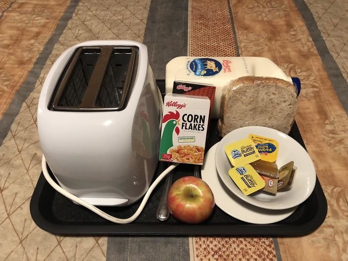 A Motel Served Me This Breakfast Tray For And Contains A Toaster, And A 2l Milk