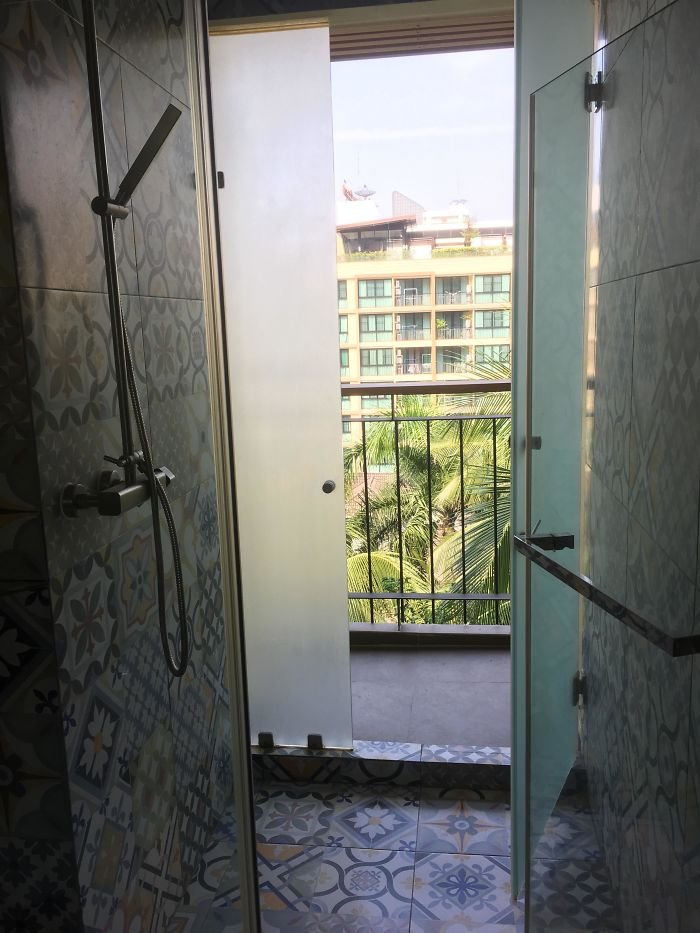The Door To My Hotel Balcony Is In The Shower Stall