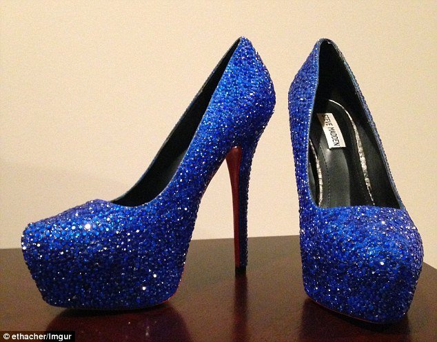 Imitation game: A crafty woman used blue rhinestones, paint and glue to make this knockoff pair ofÂ Christian Louboutin platform stilettos, which retail for ,995Â 