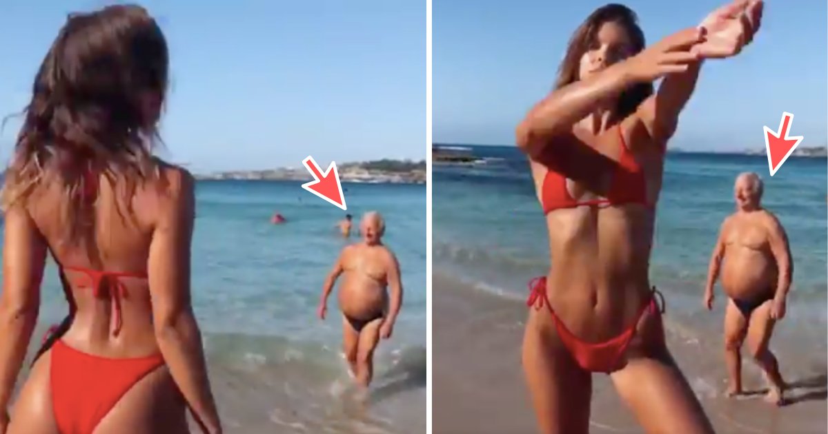 d2 19.png?resize=412,232 - HILARIOUS MOMENT When a Scantily Clad Pensioner Steals the Spotlight From the Bikini Model's Beach Photoshoot