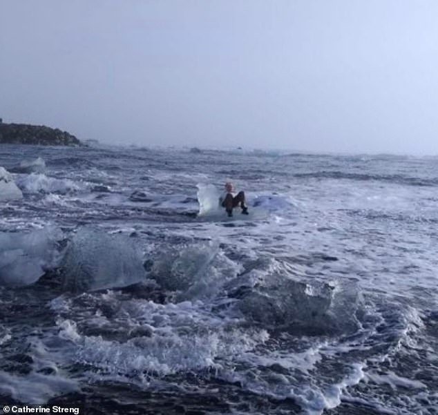 Just moments after sitting on the ice chunk to pose for a photo, Streng was swept out to sea when a large wave came along and carried her off